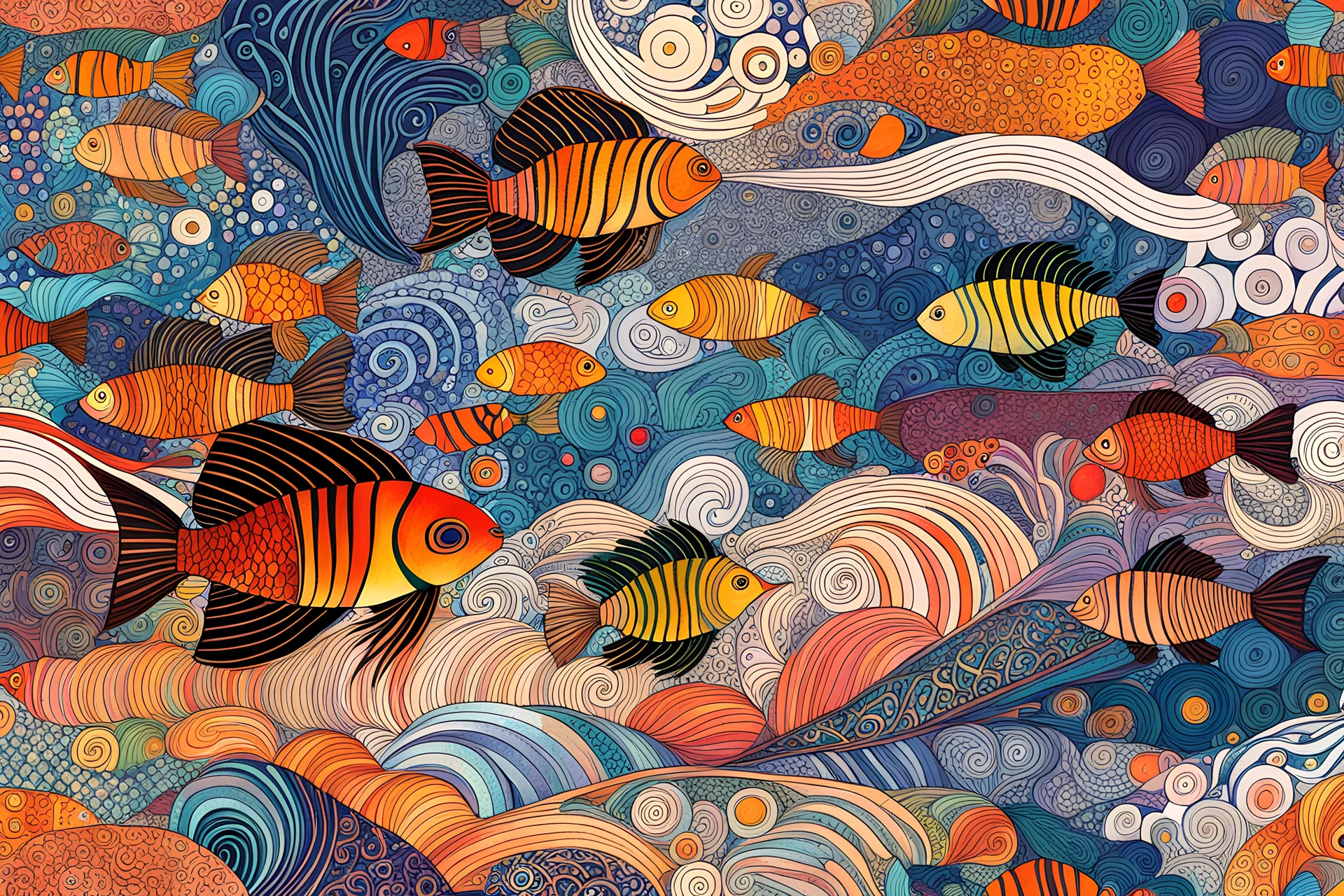 random color Zentangle patterns in the styles of Gustav Klimt ,Wassily Kandinsky, Paul Klee, and Kay Nielsen that depict a school of Flame Angelfish