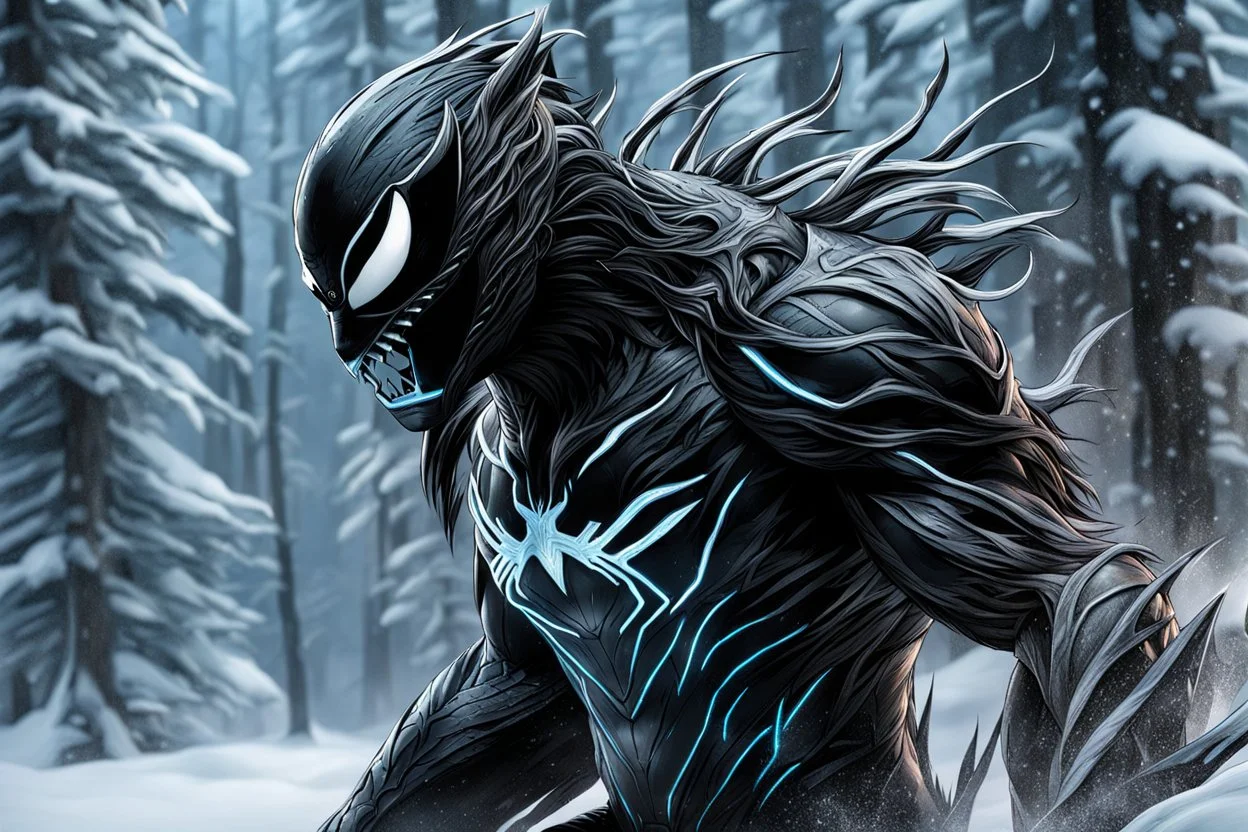 Shadow symbiote in 8k sci-art drawing style, bear them, neon ice power, ice forest, highly detailed, high details, detailed portrait, masterpiece,ultra detailed, ultra quality