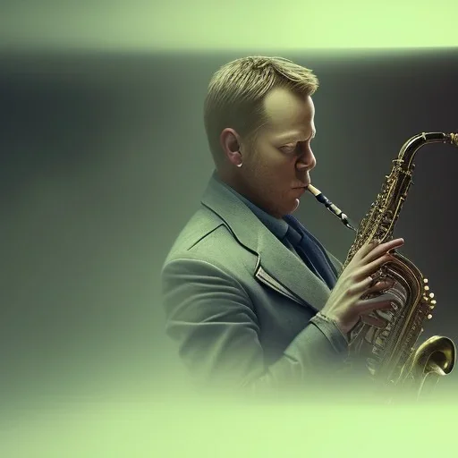 A portrait of a man playing saxophone, blade runner, kiefer sutherland, sebastian vettel, low key lighting, volumetric light, digital art, highly detailed, fine detail, intricate, ornate, complex, octane render, unreal engine, photorealistic