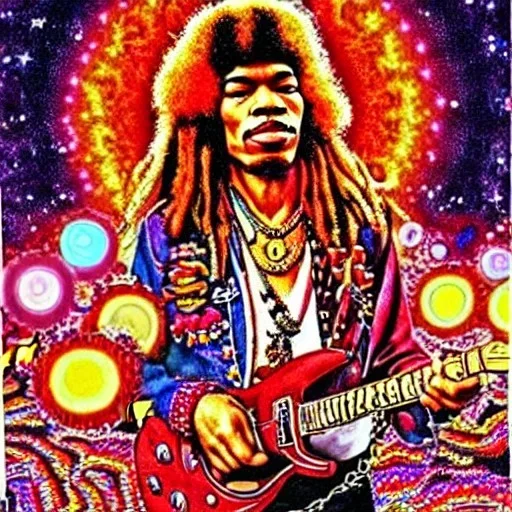 WOODSTOCK, hippie JIMI HENDRIX Santa playing electric guitar, psychedelic, peace sign, MUSHROOMS, TRIPPY, ACID, LSD, dreadlocks