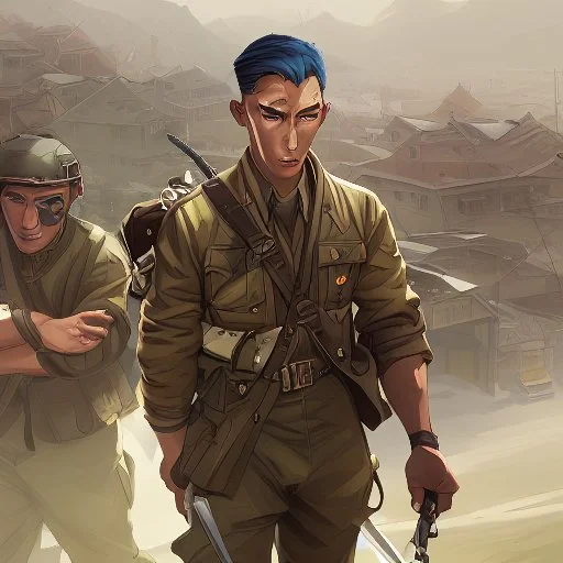 a unit composed almost exclusively of Japanese-American soldiers who heroically battled their way through the notoriously well-defended Axis frontlines during the Anzio campaign of World War II and beyond. All the action and emotion of the wartime narrative is brought to life in vivid details by comic artist Tony Moy. comic watercolor illustrations,masterpiece, best quality, colorful paint, swirling paint, Directed by Stobe Harju.