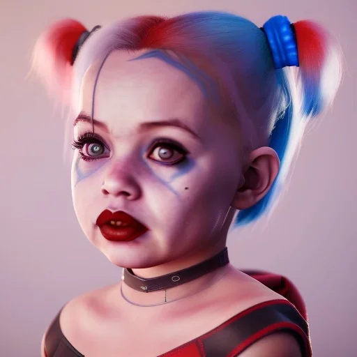 Cute baby character harley quinn, photo realistic, unreal engine, cinematic lighting 8k --v 4