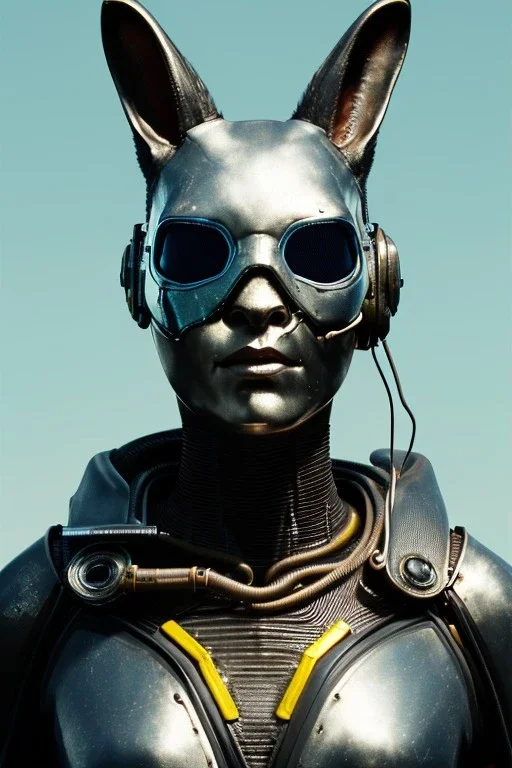 Medium Close Up Portrait, Front image. cyberpunk, rabbit mask, British woman, white short hair. latex, titanium suit. Yellow, black, titanium, color. Mad max style. Color background, photo studio. Avatar image, highly detailed, concept art, smooth, unreal engine 5, god rays, ray tracing, RTX, lumen lighting, ultra detail, volumetric lighting, 3d, finely drawn, high definition, high resolution.