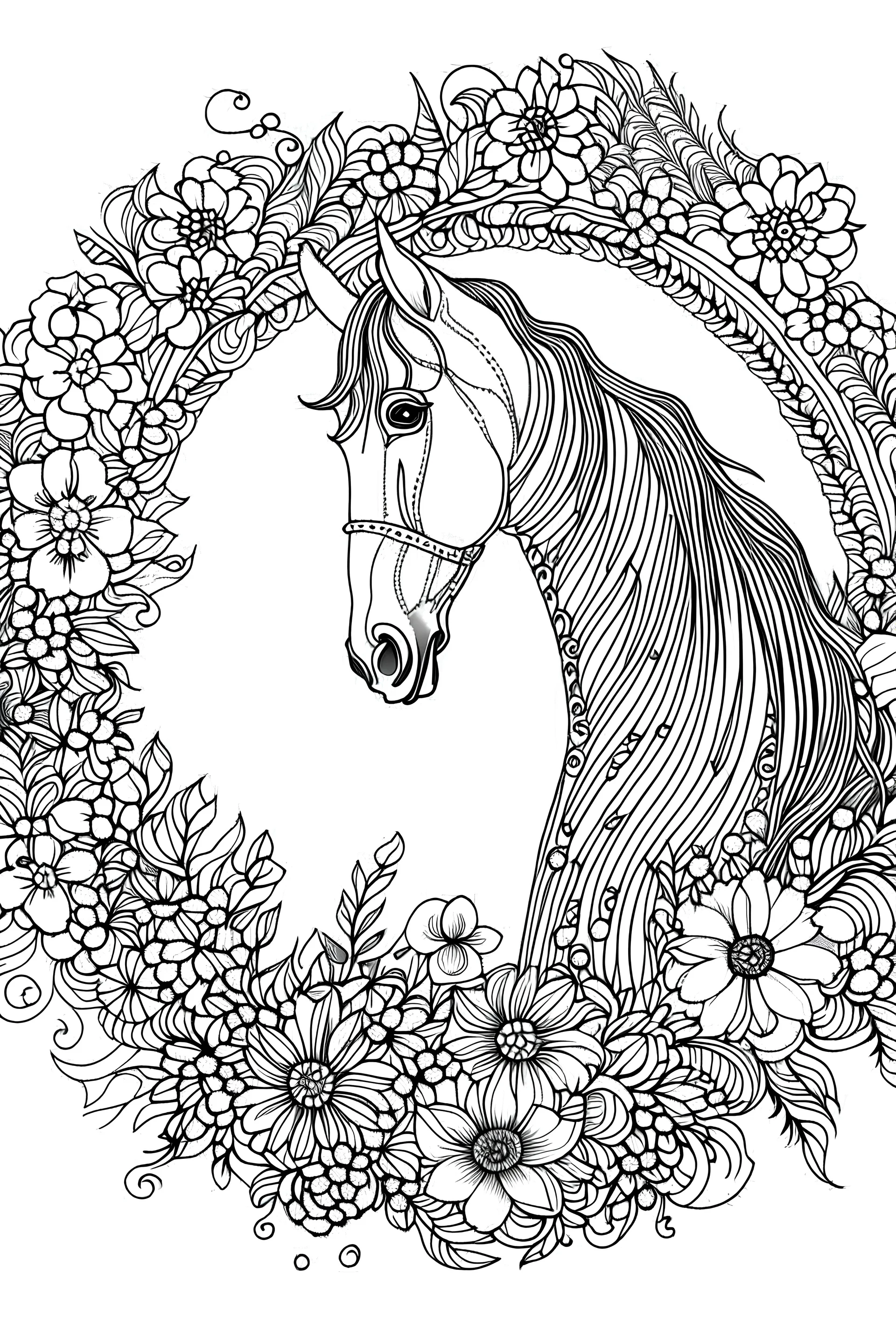 portrait of horse and background fill with flowers on white paper with black outline only, style mandala