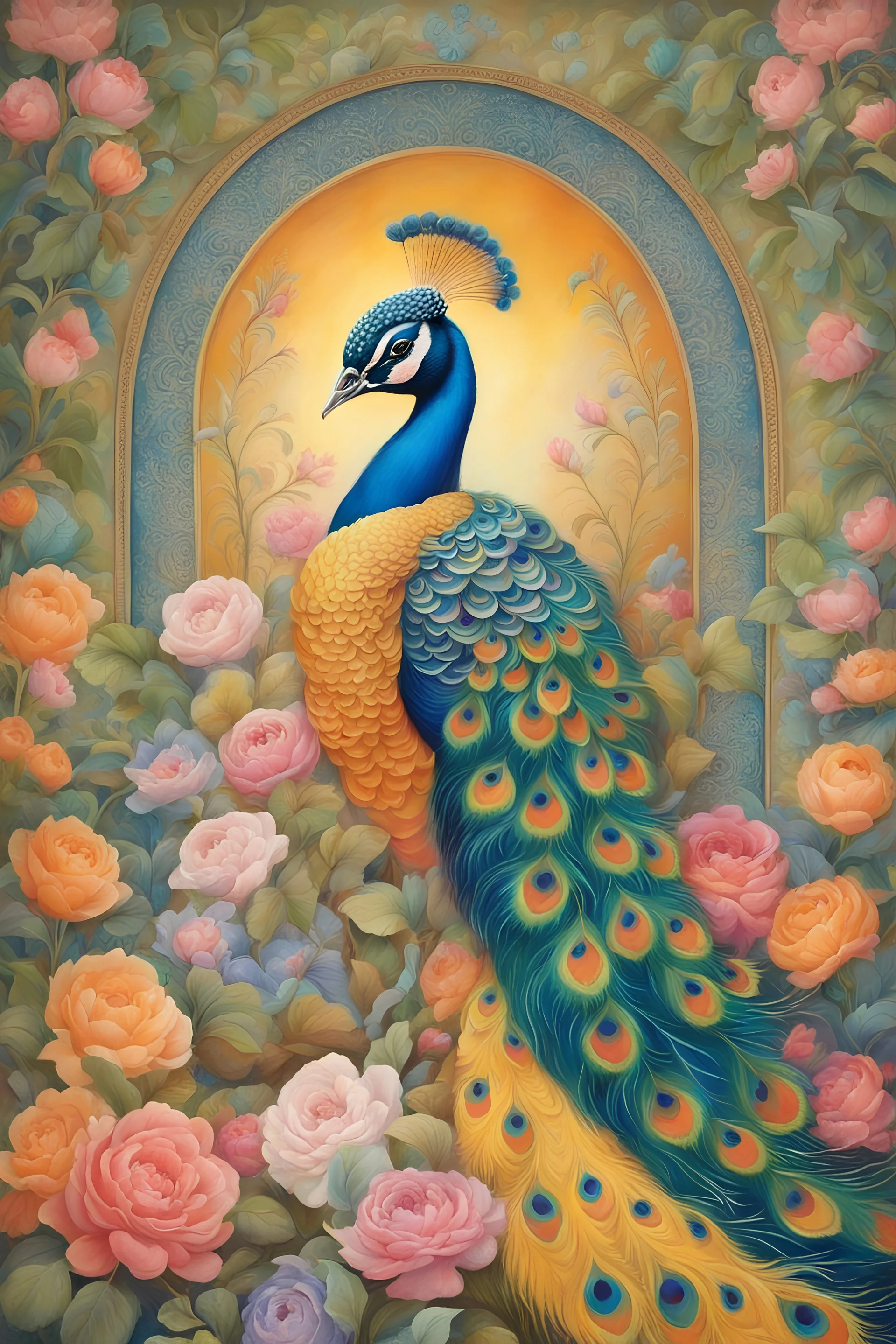 Pastel, light color, The image full body length depicts a painting of a adorned with intricate floral patterns and peacock. The floral embellishments, a symphony of vibrant hues, cascade across the surface, adding a touch of elegance and whimsy to the composition. Style Identification Based on the visual elements and artistic techniques employed in the painting, it can be classified as Art Nouveau. This style, flourishing in the late 19th and early 20th centuries, is characterized by its sinuous