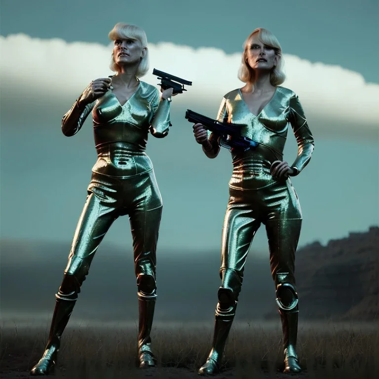 Ultra Realistic retro sci-fi movie war scene, waist up view portrait, blonde woman pointing a gun, sweet young Daryl Hannah face, perfect iris, glow eyes, makeup, weapon. War background, Retro sci-fi style, tight latex coat, fog, rain, soft color, highly detailed, unreal engine 5, ray tracing, RTX, lumen lighting, ultra detail, volumetric lighting, 3d, finely drawn, high definition, high resolution.