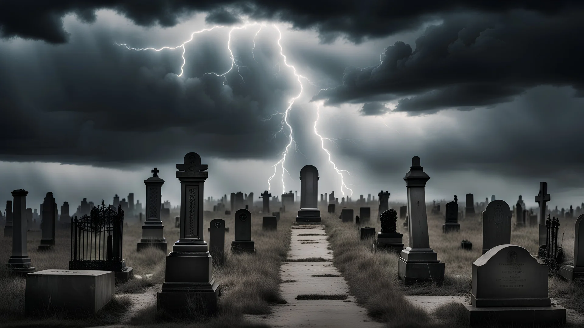 Creepy cemetery, frame from a horror movie, black clouds, lightning, gray tones