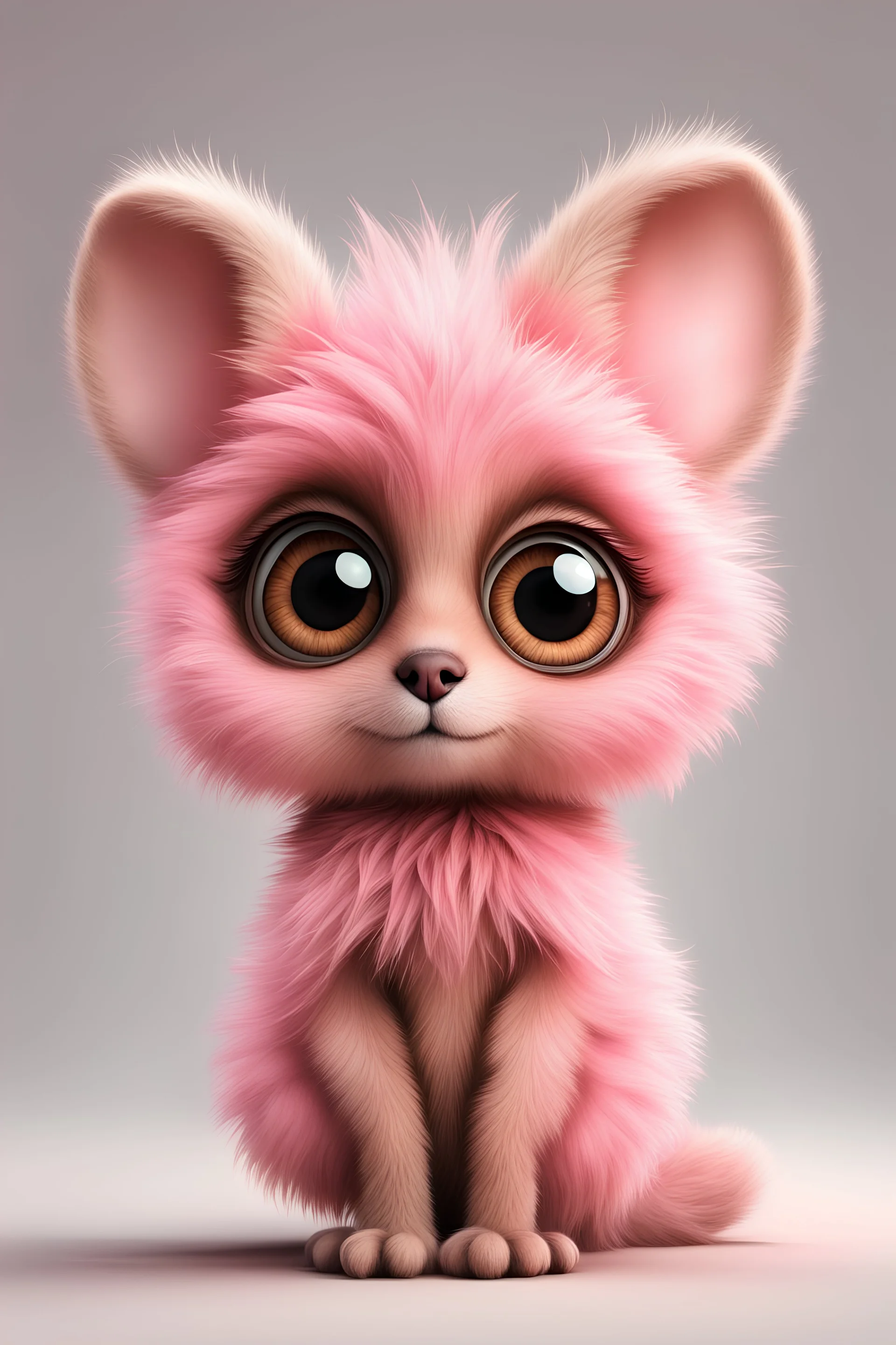pink-brown fluffy animal, big eyes, round long ears with small paws.hyperdetalization,stylization,16K