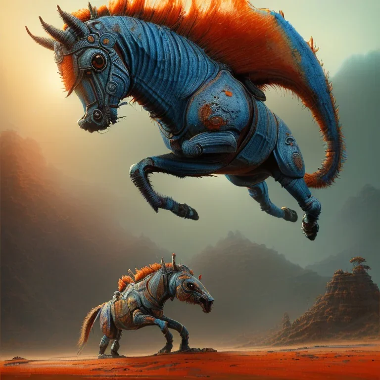 angry horse in orange and blue battle armor, a highly detailed illustration, background of Inka jungle, realistic render, 8 k, micro detail, intricate, elegant, centered, digital painting, Artstation, smooth, sharp focus, illustration, artgerm, tomasz alen kopera, peter mohrbacher, donato giancola, joseph christian leyendecker, wlop, boris vallejo