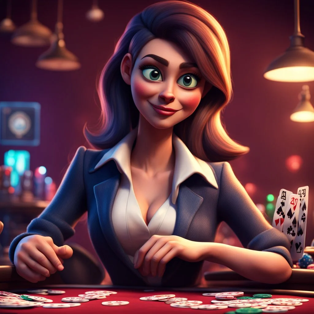poker player, stylized, pixar, woman