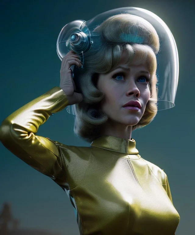 Ultra Realistic retro sci-fi image from 1960, many people looking to sweet young woman Jane Fonda, dress with tight latex coat and retro glass helmet, Retro sci-fi style, soft color, highly detailed, unreal engine 5, ray tracing, RTX, lumen lighting, ultra detail, volumetric lighting, 3d, finely drawn, high definition, high resolution.