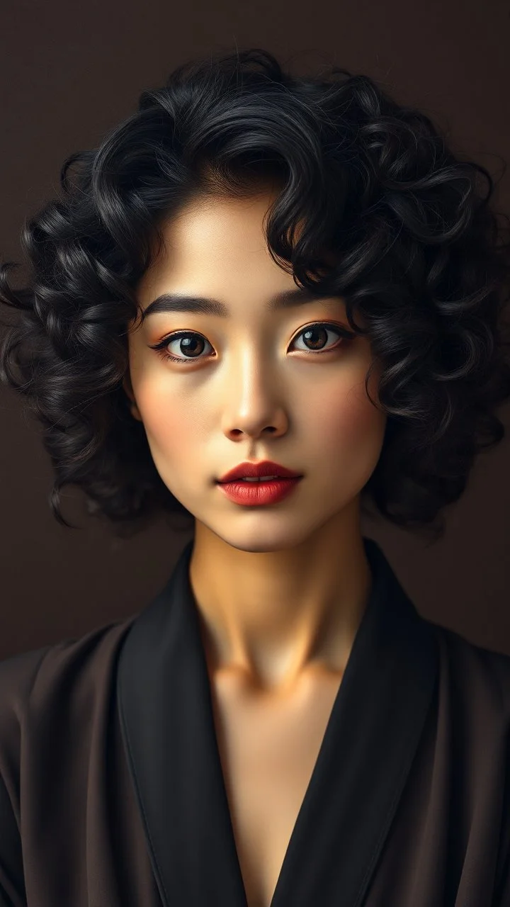 grant wood painting style , a portrait of a beautiful asian woman with curly hair , front view with dark brown side lighting background, ultra high quality with ceramic lighting