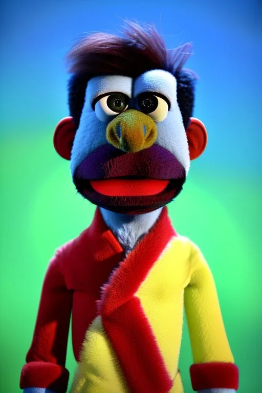 Waist up muppet Portrait, Nicolas maduro us muppet doll, Venezuelan president, tracksuit red blue and yellow, mustache, photo studio, red background, unreal engine 5, concept art, art station, ray tracing, lumen lighting, ultra detail, volumetric lighting, 3d.