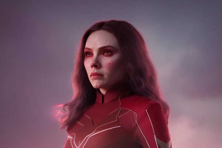 Wanda Maximoff, feiticeira escarlate usando traje vermelho de vestido, destruindo a realidade, governando o mundo, destruição, 4k render, dramático, cinematográfico, poderes destruindo tudo, expressão brava