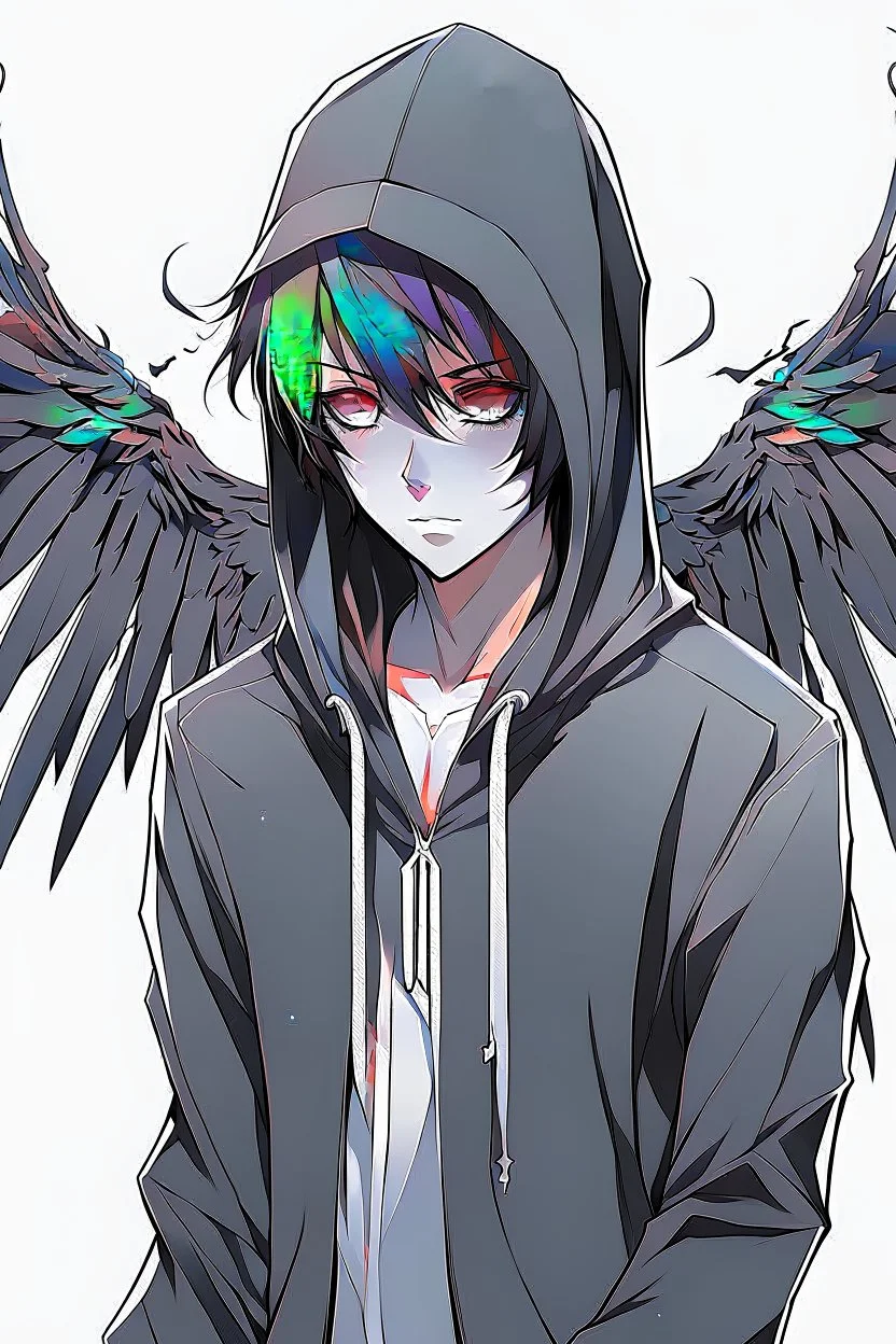 Anime man with black wings, realistic, wearing a hoodie