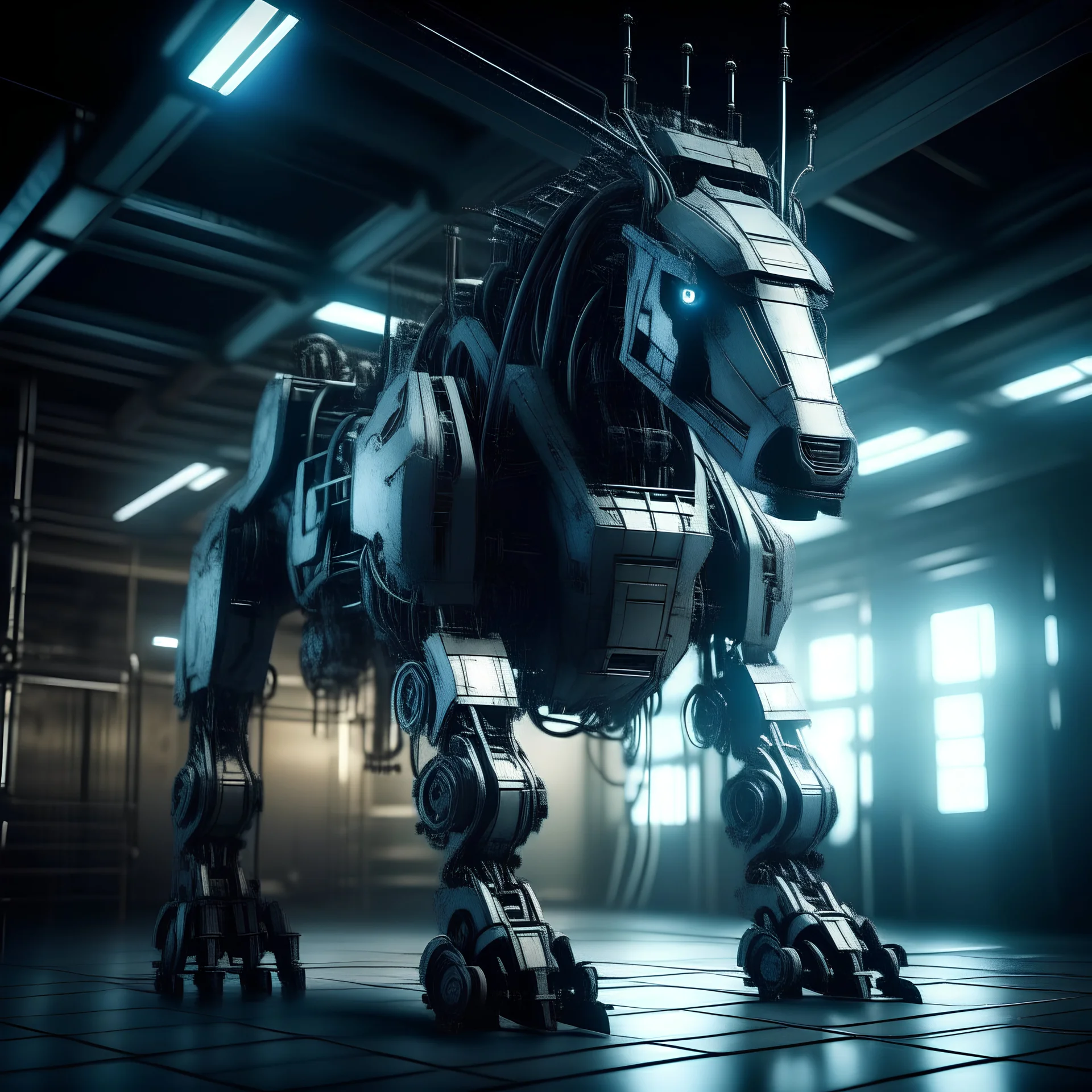 futuristic mechanical trojan horse in a cyber-punk style laboratory, cinematic, dramatic studio lighting, depth of field, low angle, mixed with gundam style