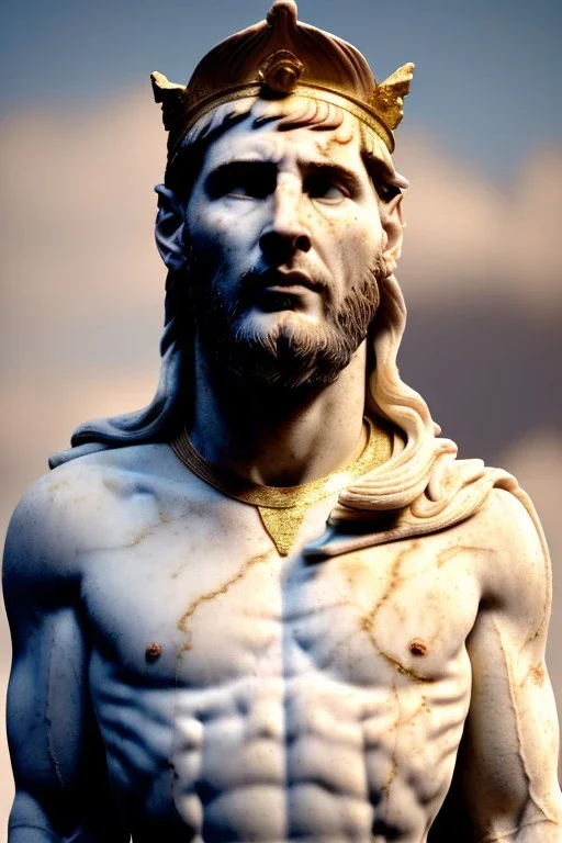 Realistic image, Roman sculpture made in white marble with gold veins, Lionel messi with gold laurel leaves crown, two blue brushes, decorative star on the chest, waist up portrait, marble material, gold ornaments, Baroque style, sun rays background, epic, celestial, cinematic lighting, God lights, 4k resolution, smooth details, soft lighting, unreal engine 5, art station, substance 3d.