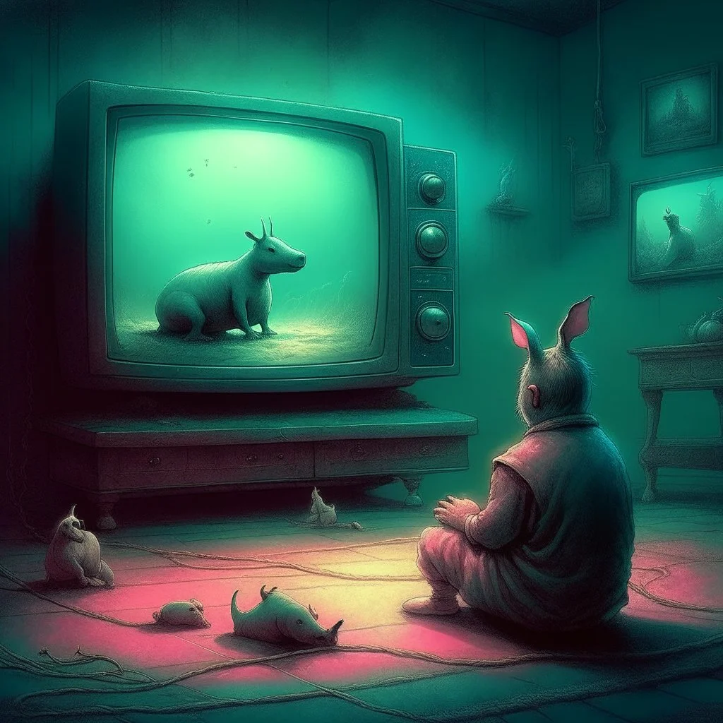 pig watching a tv about video game persona with a rabbit playing music beksinski style