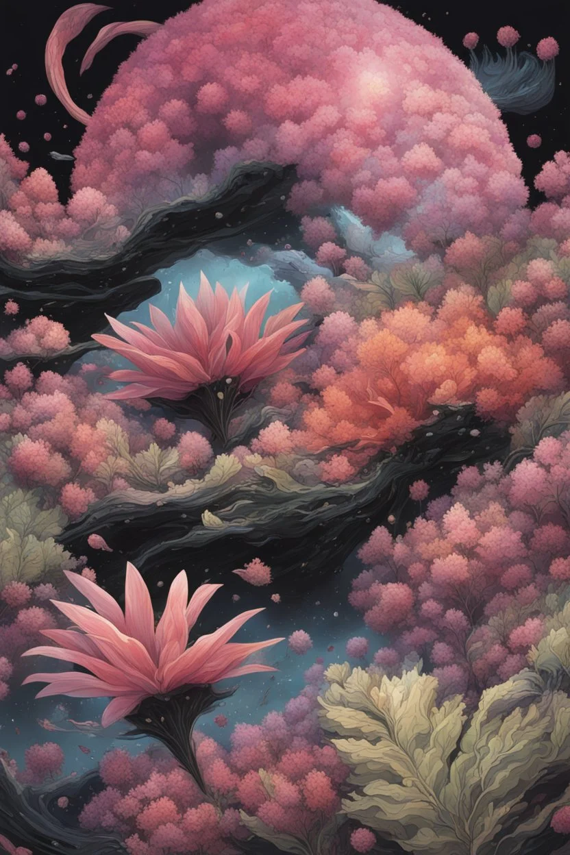 diseased Flora and fauna at the End of the Multiverse rising from a black liquid surface.