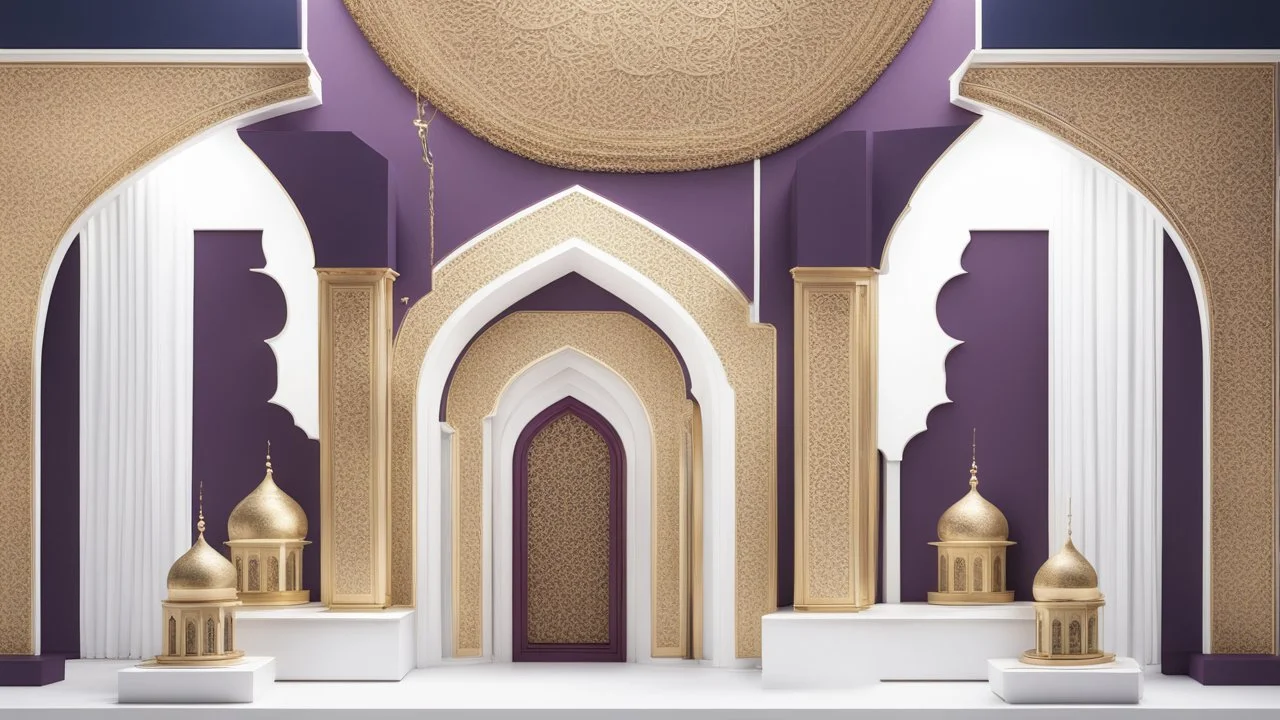 Hyper Realistic Islamic-Architectural-Mosque-Open-White-Door-&-Navy-Wall on Purple-Rustic-Wall with maroon-crafting-on-Golden-pillars