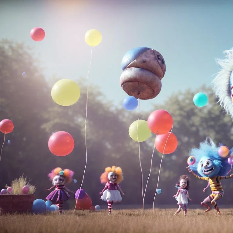 Ultra realistic circus scene. Sweet hair monster and Child’s playing, smile, happy, color bubbles, smooth color, waist up view, Wes Anderson style, dark ambient, highly detailed, concept art, unreal engine 5, god rays, ray tracing, RTX, lumen lighting, ultra detail, volumetric lighting, 3d, finely drawn, high definition, high resolution.