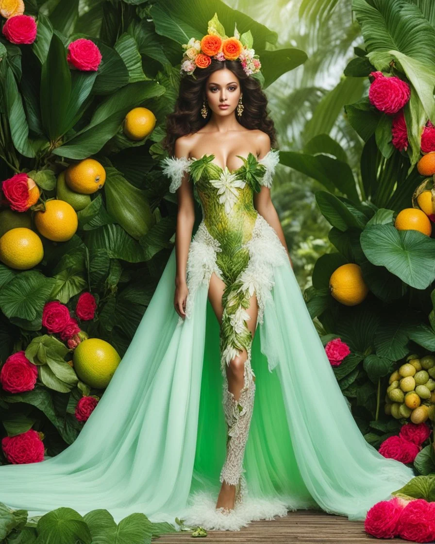 📷🍓💃 length image full body sweet pose pretty woman super model wearing a beautiful high details natural beuty color unique queen costume made of full elements varieties tropical fruits,full of green leaves and variaties roses,orchids flowers jungles background