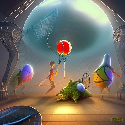 aliens playing tennis in a house