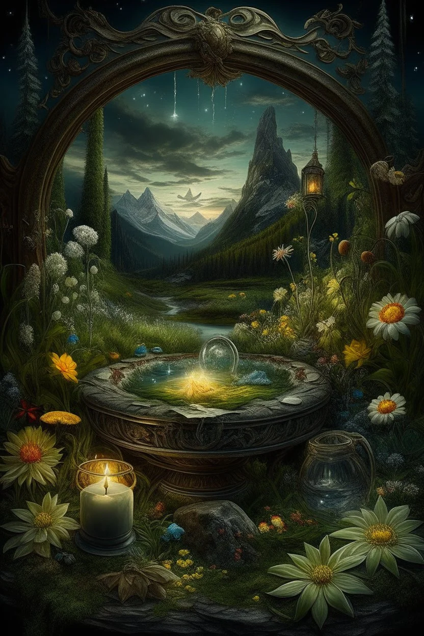 Hyperrealism against the background of a spring landscape in the forest +mirror with a tsunami whirlpool +mountains +ritual +candles+dried flowers+wildflowers+moss++decoupage of flowers+embroidery technique+braided beads+vine+moonlit night,fabulous landscape,surrealism,realism,naturalism,dot technique,microdetalization,high detail objects,digital illustration,volumetric clarity,dark fantasy,dark botanical, professional photo