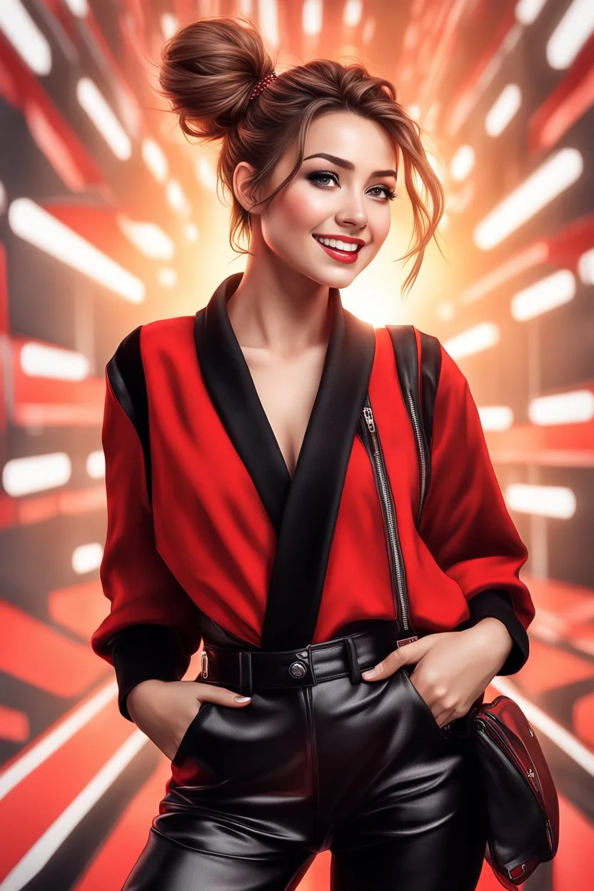 full body ,young woman with clear eyes, messy bun hair, bouncing looking back, soft velvet red/black two piece printed outfit, morning sun, cute, full body, ultra realistic, a variety of small details in the background, hyper realistic, surprised, sweet smile, 8k, HDR, 500px, by Koos Roos