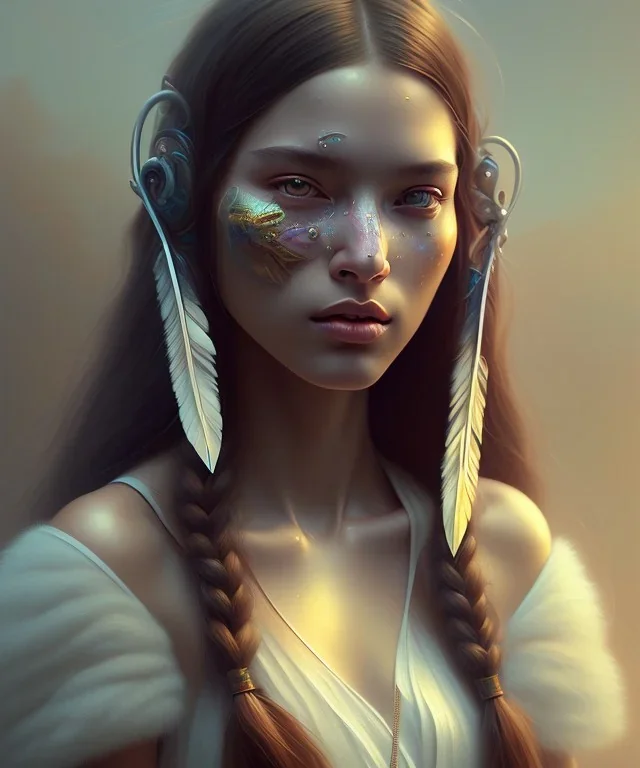 girl, cute, beautiful, Native American, head and shoulders portrait, 8k resolution concept art portrait by Greg Rutkowski, Artgerm, WLOP, Alphonse Mucha dynamic lighting hyperdetailed intricately detailed Splash art trending on Artstation triadic colors Unreal Engine 5 volumetric lighting, long hair, brown eyes, black hair, clean face