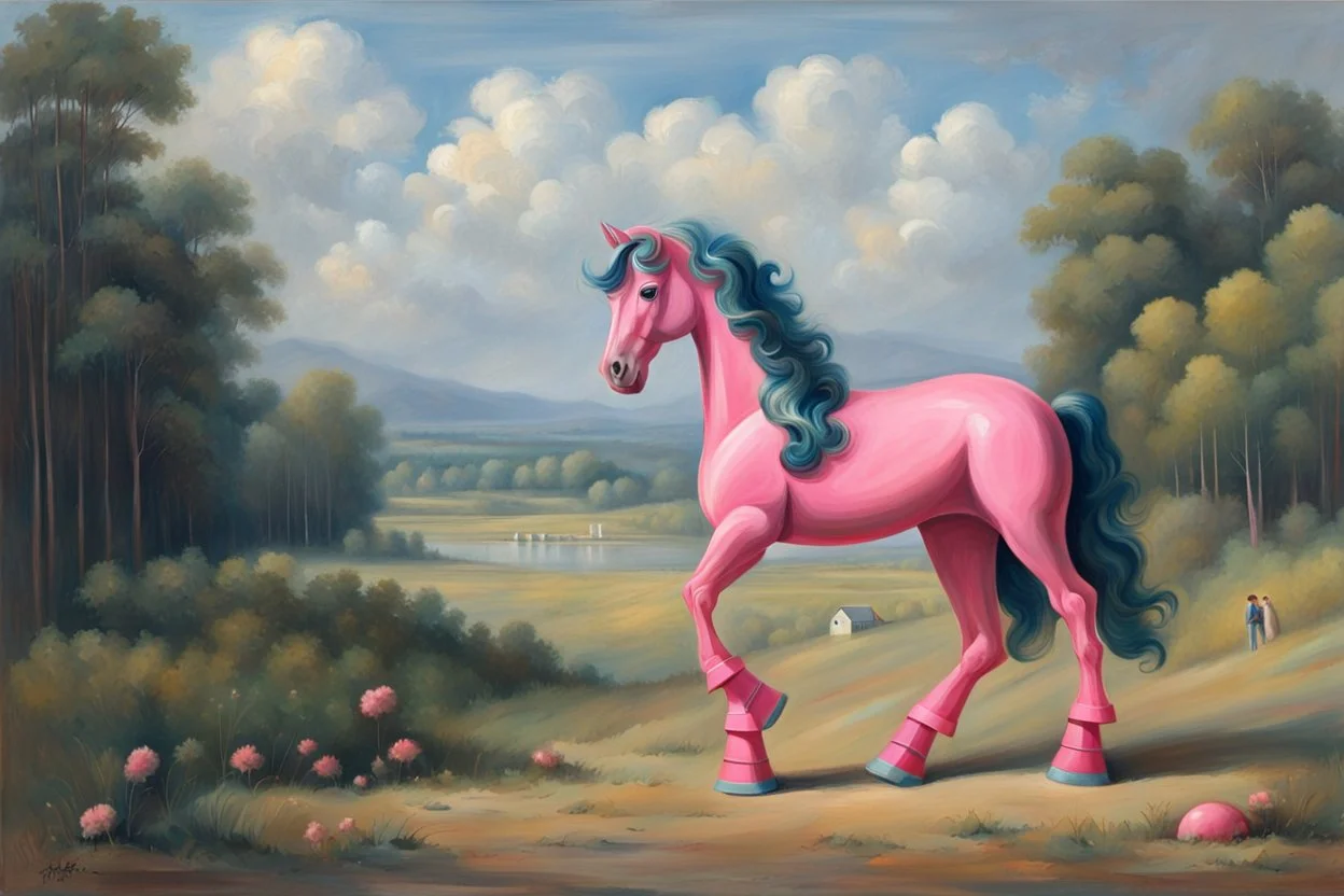 Big pink plastic toy horse.19th painting