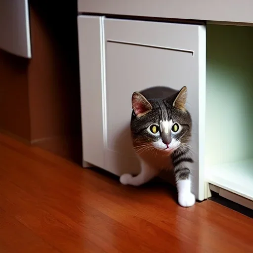 cat finds mouse under cupboard