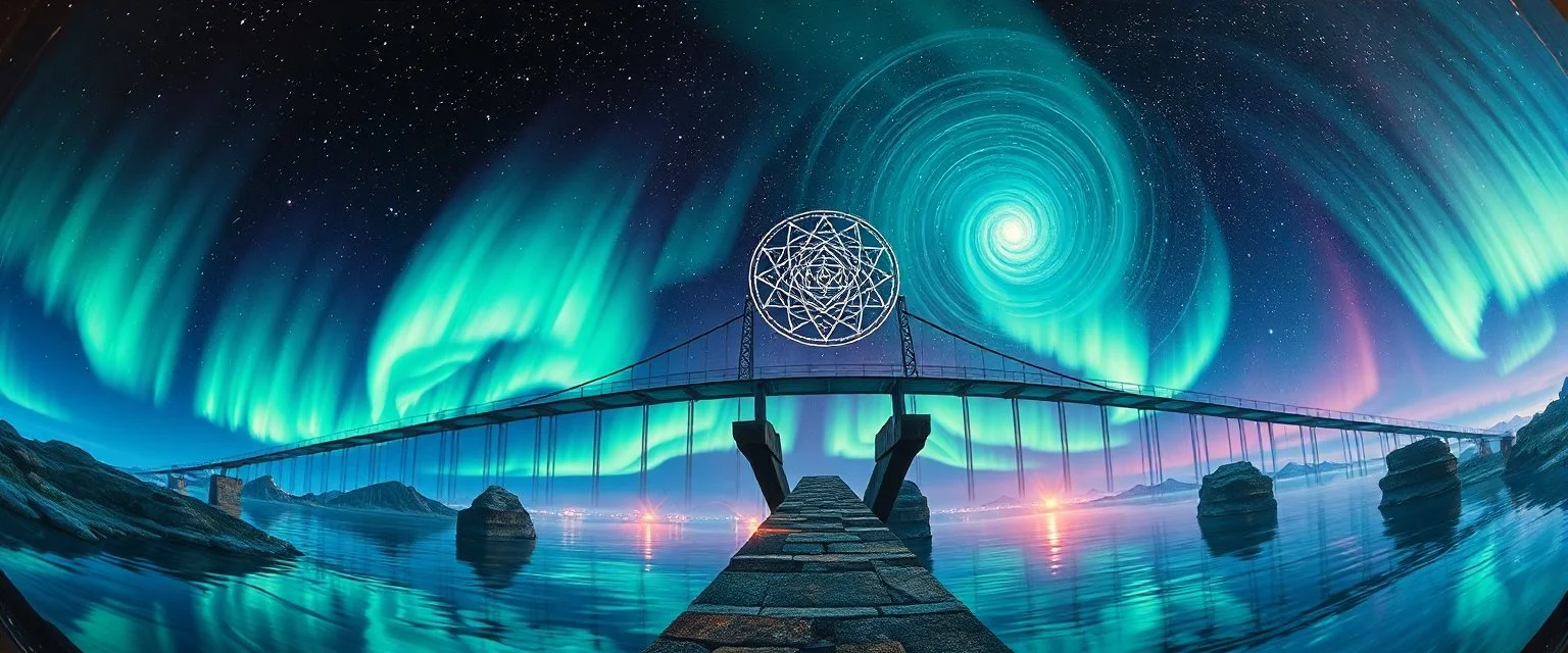 pin hole cam, master oil painting by Rembrandt, realistic rendering Visual: Kaleidoscopic reflections Music: Soulful vocals + electronica pads Aurora: Crystal-glow pulses Skybridge of Echoes Icon: Floating bridge with rune arch Visual: Abyss below, bridges floating Music: Funk bass intensifies, sync with steps Aurora: Arched ribbons, pulsating Celestial Convergence Icon: Cluster of all runes Visual: Cosmic plateau, swirling glyphs Music: Full