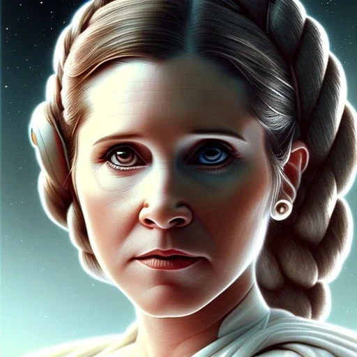 extremely detailed 8k hyperspace wallpaper,complete and photo realistic detailed head to waist stunning photo realistic portrait of carrie fisher as Princess Leia in star wars with photo realistic fine and simple hairstyle, brown eyes, professional majestic photo realistic painting by Ed Blinkey, Atey Ghailan, by Jeremy Mann, Greg Manchess, Antonio Moro, trending on ArtStation, Intricate, High Detail, Sharp focus, dramatic, by greg rutkowski, realism, beautiful and detailed lighting,