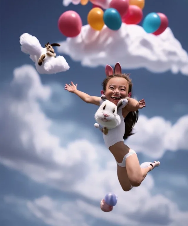 Ultra realistic speed clouds sky scene, wide angle view, childs falling down with many Childs background, rabbit head, inflatable monsters, circus dress style, feather color, free jumping flying, many trinkets, hair monster, many jelly beans, balls, color smoke, smile, happy, extreme, wind, clouds sea, 20,000 feet altitude, stratosphere, soft color, highly detailed, unreal engine 5, ray tracing, RTX, lumen lighting, ultra detail, volumetric lighting, 3d, finely drawn, high definition.