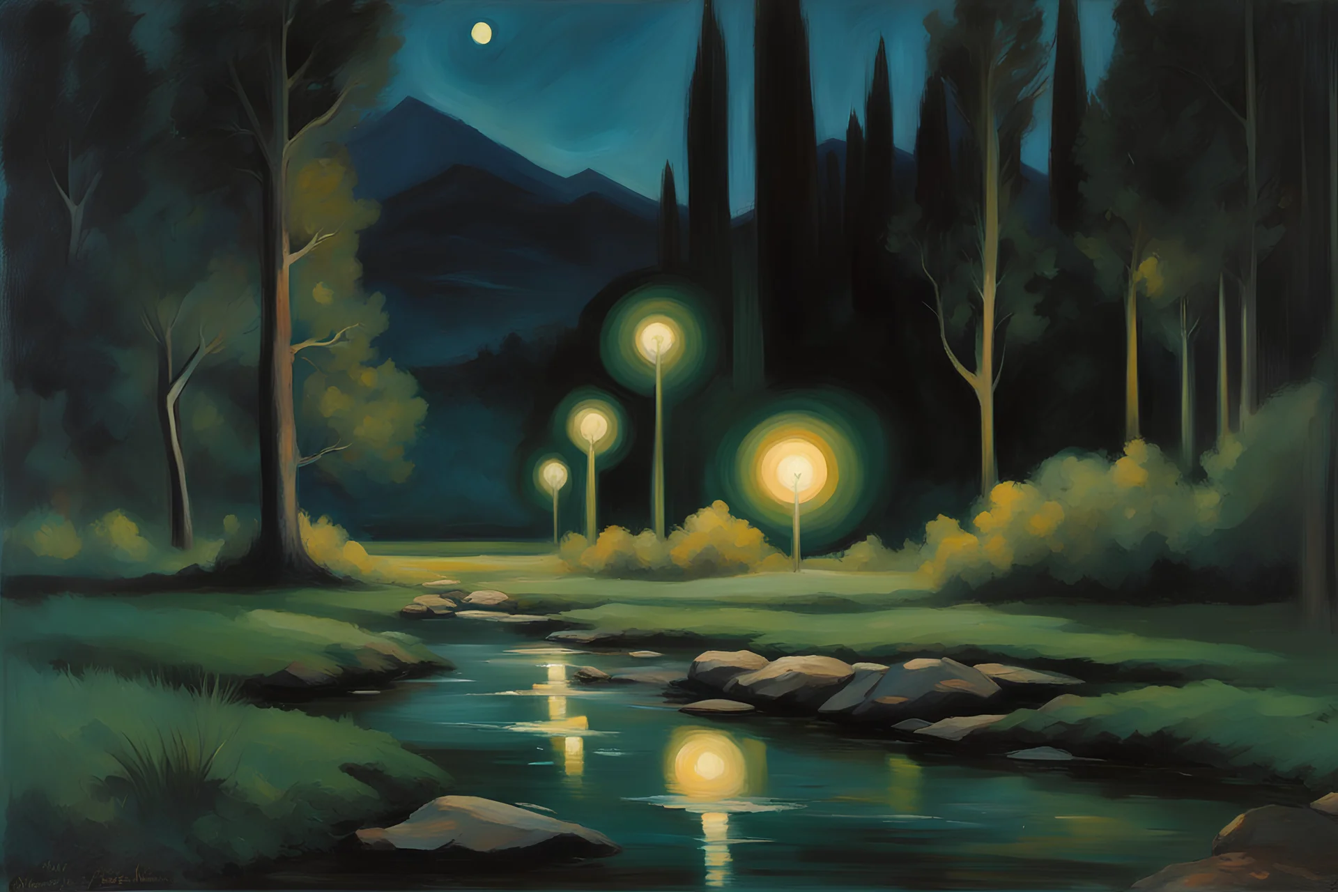 Night, rocks, trees, little puddle, mountains, beyond and trascendent influence, philosophic, 80's sci-fi movies influence, wilfrid de glehn and jenny montigny and rodolphe wytsman impressionism paintings