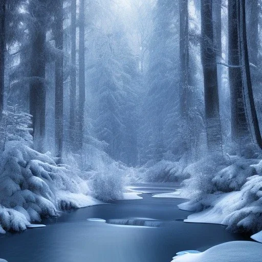 ice, blue, forest, snow, beautiful, mountain, masterpiece, expert, 8K, hyperrealism, sharp focus, cinematic lighting