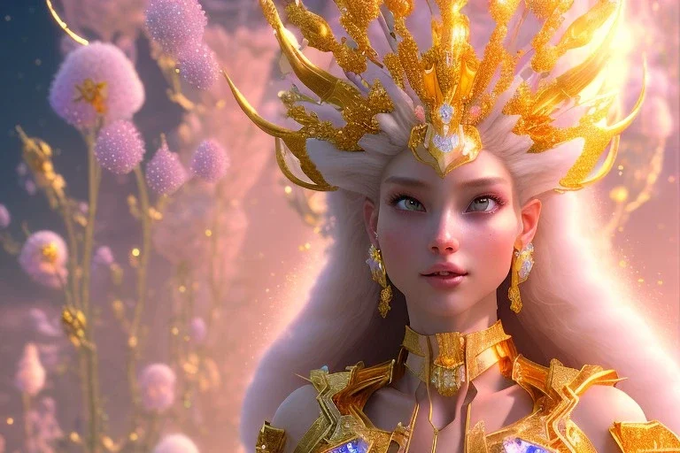 very beautiful crystal and gold goddess in a galactic ambiance, nice smiling, transparent petals, delicate colors, full of details, smooth, bright sunshine，soft light atmosphere, light effect，vaporwave colorful, concept art, smooth, extremely sharp detail, finely tuned detail, ultra high definition, 8 k, unreal engine 5, ultra sharp focus