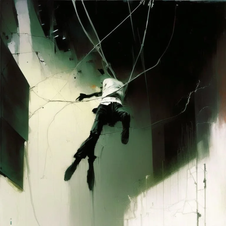 Minimal abstract oil paintings falling person limbs sinew. concrete fragments architecture and hanging wires illuminated at night style of Justin Mortimer and Phil Hale and Ashley Wood