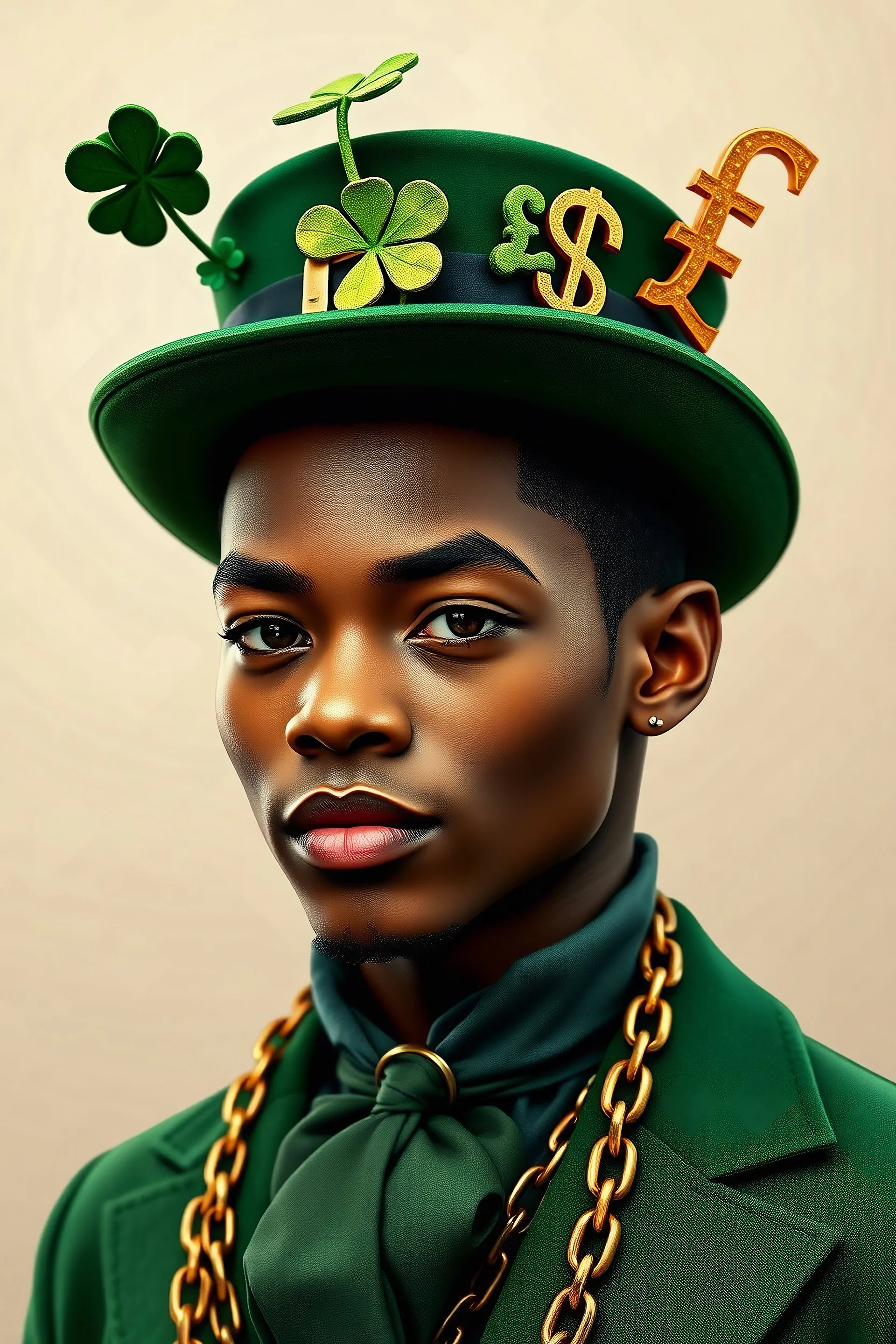 "A stylish young African male leprechaun with light skin and a dimple on his chin, looks like a young MichaelJackson. He has three antennas on his hat: one with a four-leaf clover, another with a dollar sign, and the third with a British pound sign. He has a modern and confident look, blending traditional leprechaun elements with unique and fashionable details." 8 ball chain