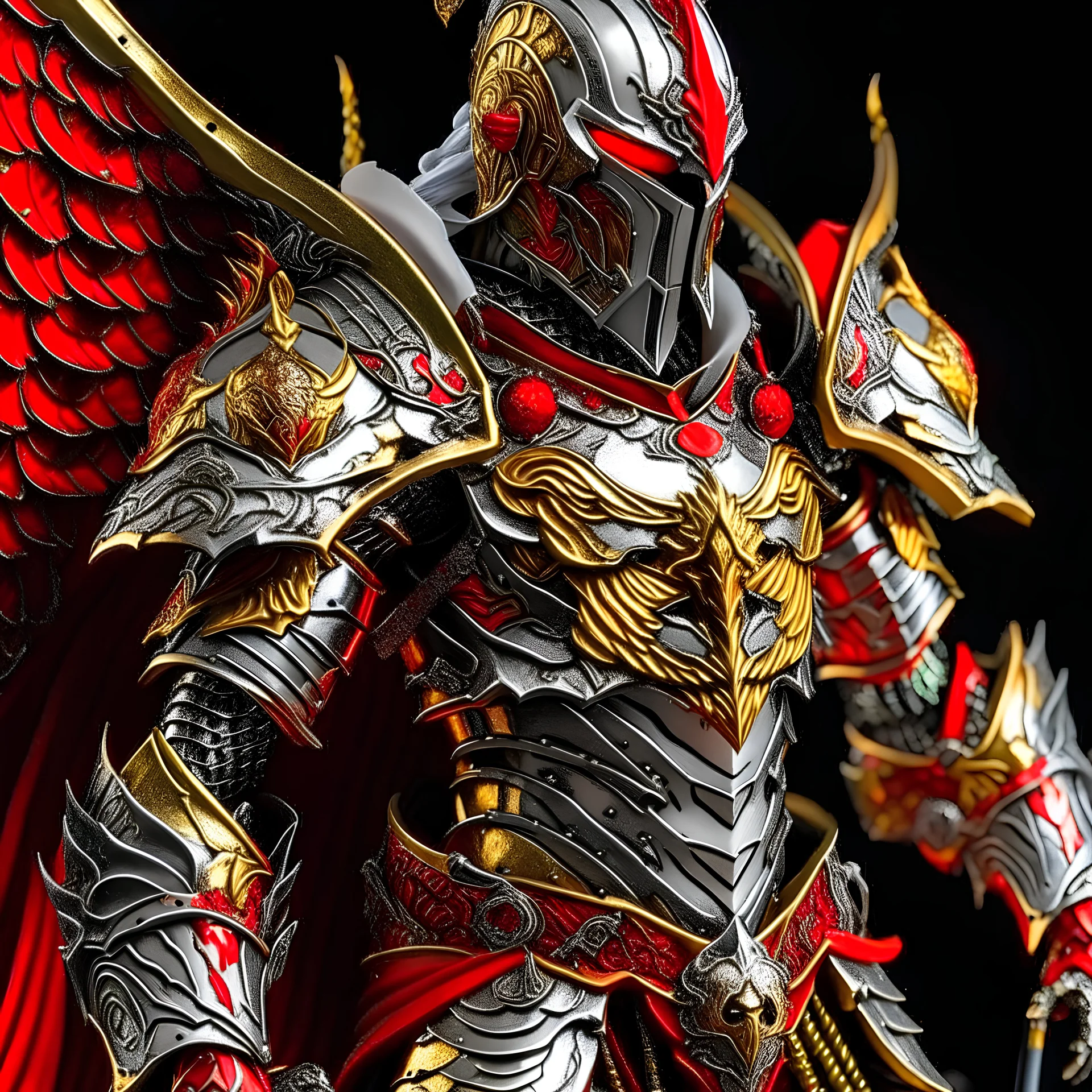 silver and gold knight armor with glowing red eyes, and a ghostly red flowing cape, crimson trim flows throughout the armor, the helmet is fully covering the face, black and red spikes erupt from the shoulder pads, three pairs of crimson and gold angel wings are erupting from the back, crimson hair coming out the helmet, spikes erupting from the shoulder pads and gauntlets