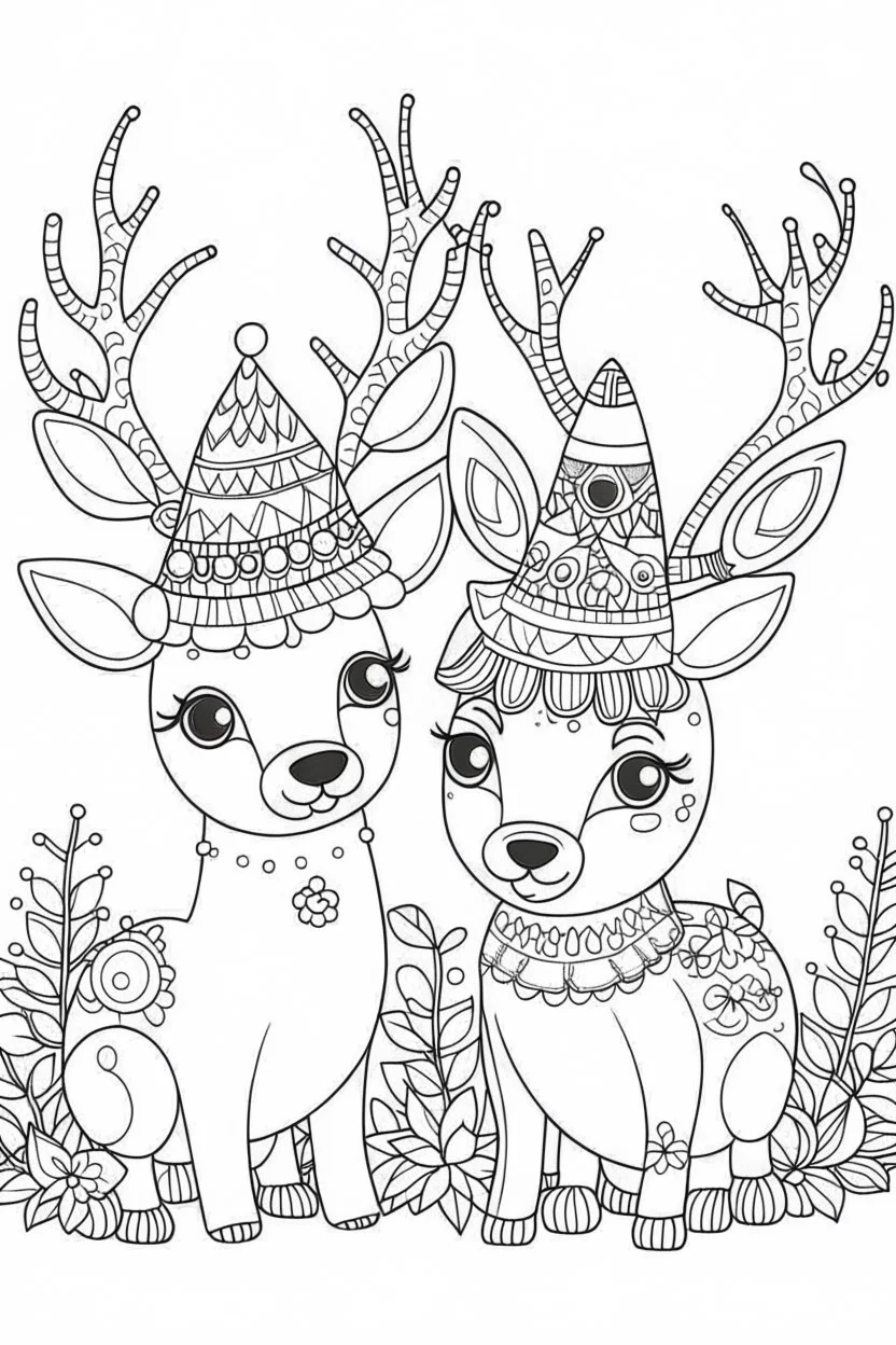 HAPPY NEW YEAR coloring page for kids, A cute deer duo adorned in festive hats amidst a wintry wonderland, cartoon style, thick outline, low details, no shading, no color