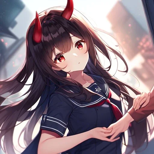 Clear focus,High resolution, Black long hair, Red eyes, Red horns, Wearing a sailor uniform, Another girl, with black long hair, Red eyes, Wearing a sailor uniform