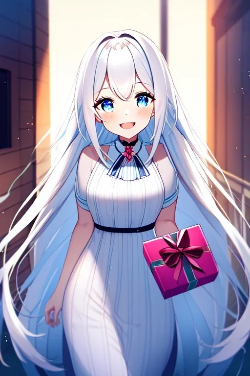 girl, masterpiece, best quality, cinematic lighting, detailed outfit, vibrant colors, perfect eyes, white hair, very long hair, blue eyes, valentine gift, sidewalk, under tree, laughing, sparkle, depth of field, indoors, god rays, glowing light, ray tracing,