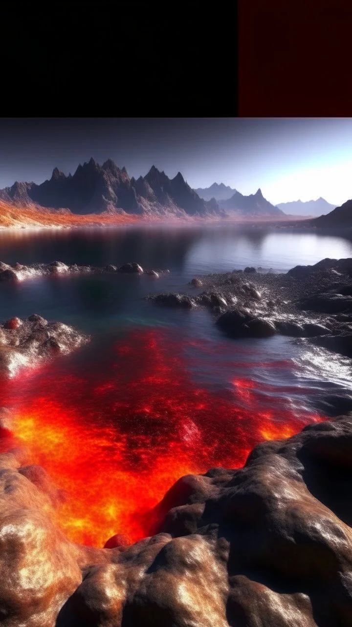 Lava lake in hell with land surrounding it, realistic close up