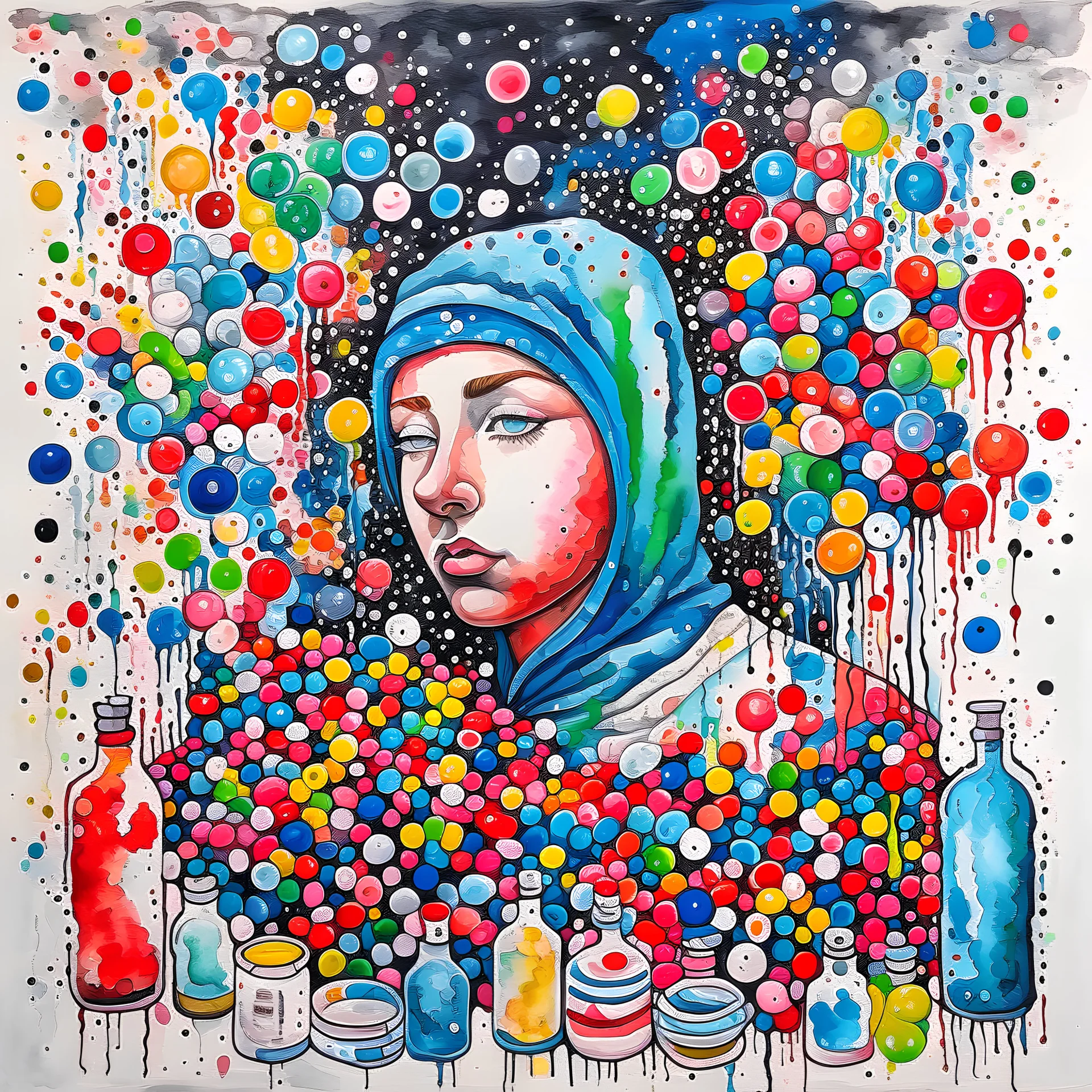 Create an artwork where asymmetrical watercolor images of pills and prescription bottles merge with distorted human figures, submerged in swirling waves of dark, heavy brushstrokes, conveying the loss of control and disintegration caused by substance abuse.