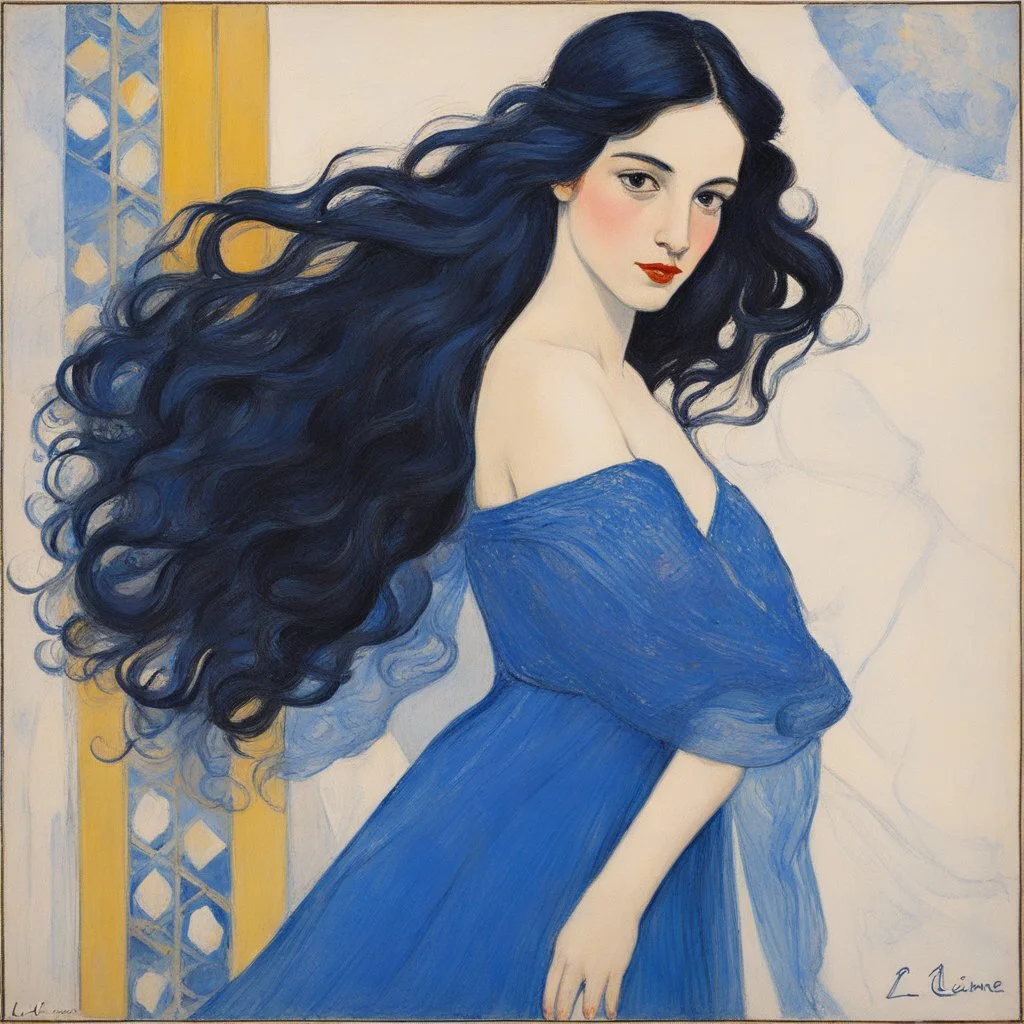 a naive painting of a Spanish brunette with long hair, small nose, in a blue silk dress with thin straps, thick lines, large areas of flat color, la ligne claire by Kupka