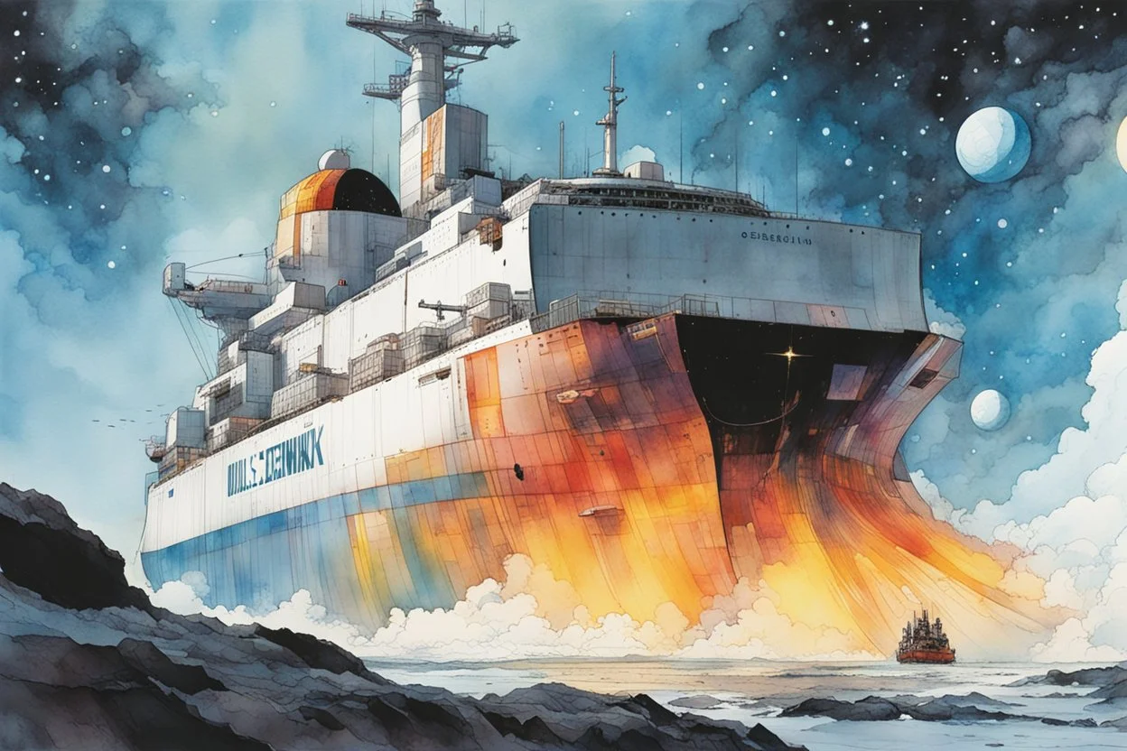 create an interstellar container ship caught in a swirling celestial maelstrom, cosmic patterns, and dreamlike scenes, stars, planets, in the comic book style of Bill Sienkiewicz and Jean Giraud Moebius, ink wash and watercolor, highly detailed and sharply defined