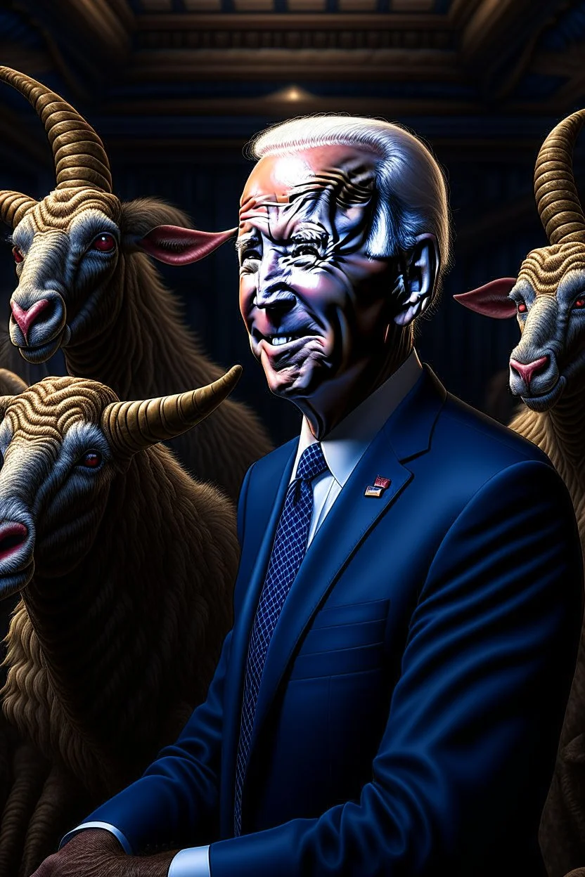 biden as a goat in the style of escher, spraypaint, photorealism, trending on artstation, 8k, depth of field, downlight, lightrays, volumetric