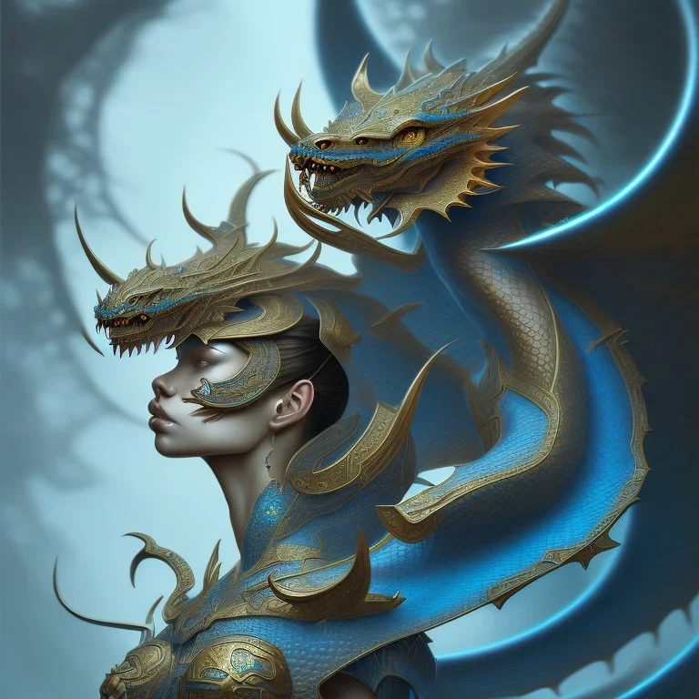 sango fantasy, fantasy magic, intricate, sharp focus, illustration, highly detailed, digital painting, concept art, matte, artgerm and paul lewin and kehinde wiley, masterpiece dragon head Asian Afo woman blue waves